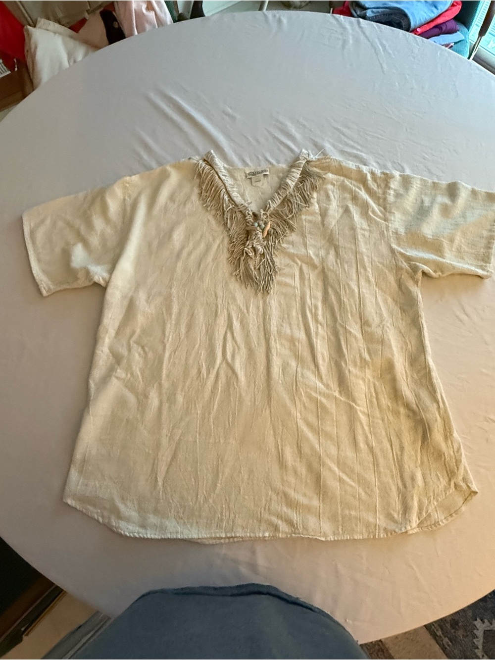 Women's Cream Fringe V-Neck Button Down Casual Shirt